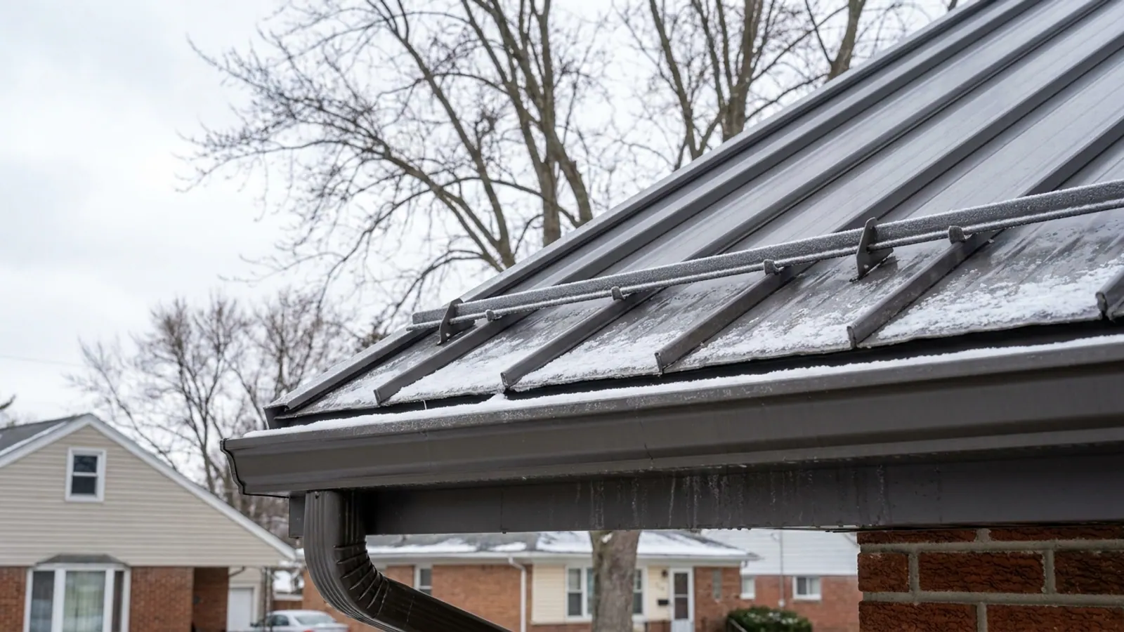 Dark standing seam metal roof eave with a seamless aluminum gutter mounted below it, a row of snow guards on the panels above and a downspout outlet, bare branches and pale winter sky behind