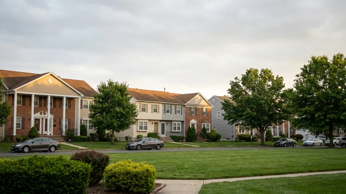 Row of attached townhouses with matching brown asphalt shingle roofs and vinyl siding, trimmed shrubs along a shared front lawn in late afternoon light
