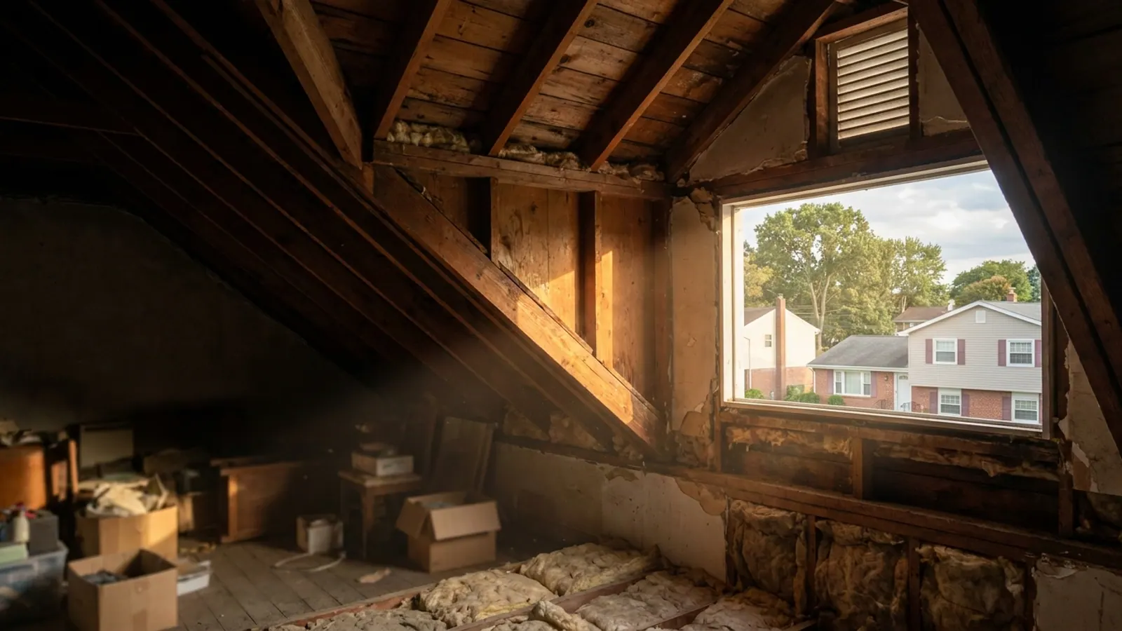 Attic interior in warm afternoon light with exposed rafters, roof sheathing above and insulation batts between the floor joists, daylight entering through a gable vent