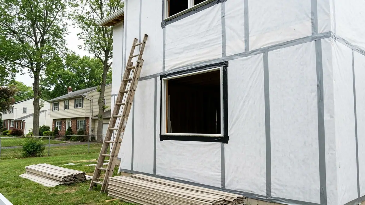 Exterior wall sheathed in white house wrap with taped horizontal seams, wrap folded into a window opening, siding panels stacked on the grass below a ladder