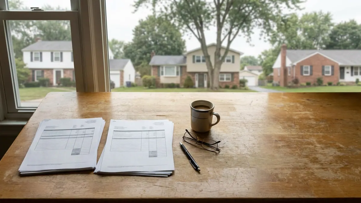 Overhead view of a wooden kitchen table with two printed multi-page contractor estimates side by side, a pen, reading glasses and a mug of coffee in morning light