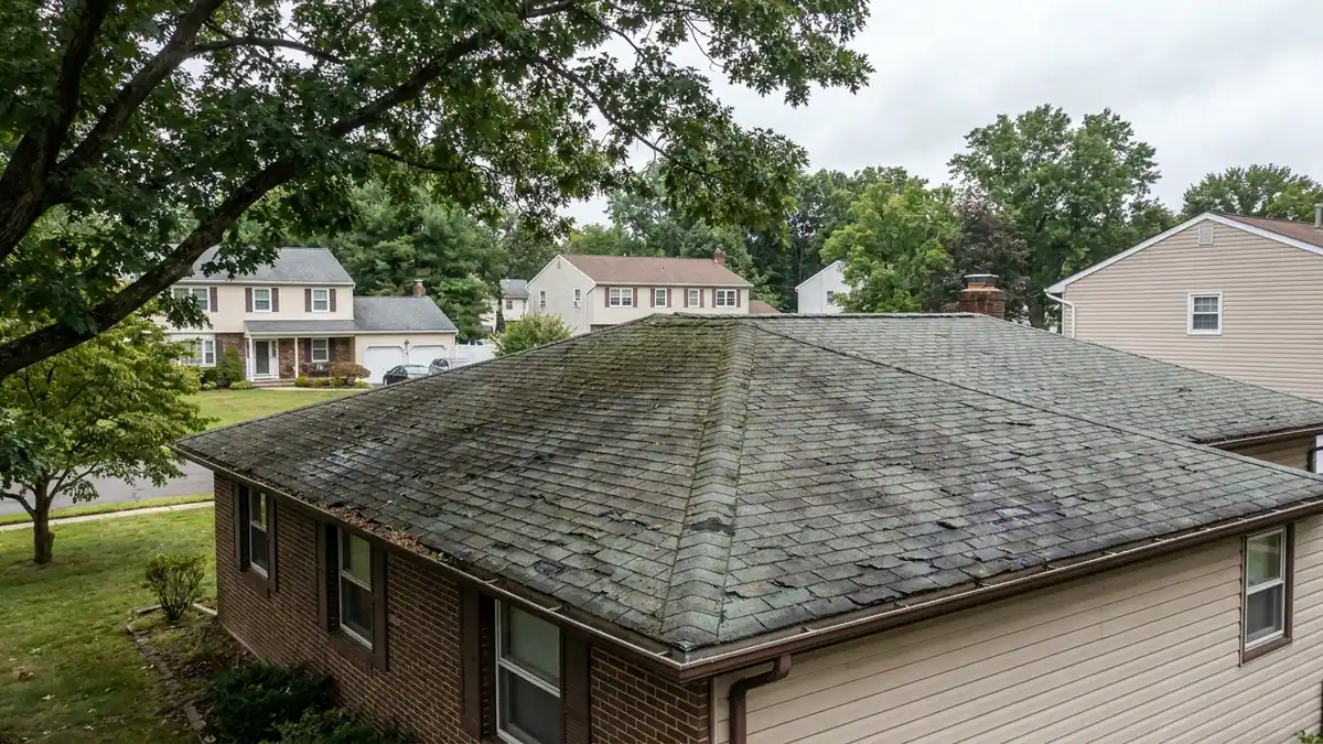 Aging asphalt shingle roof on a single-story ranch house seen from the front yard, curled and faded shingles along a worn ridge line, oak branches casting shade, overcast sky above