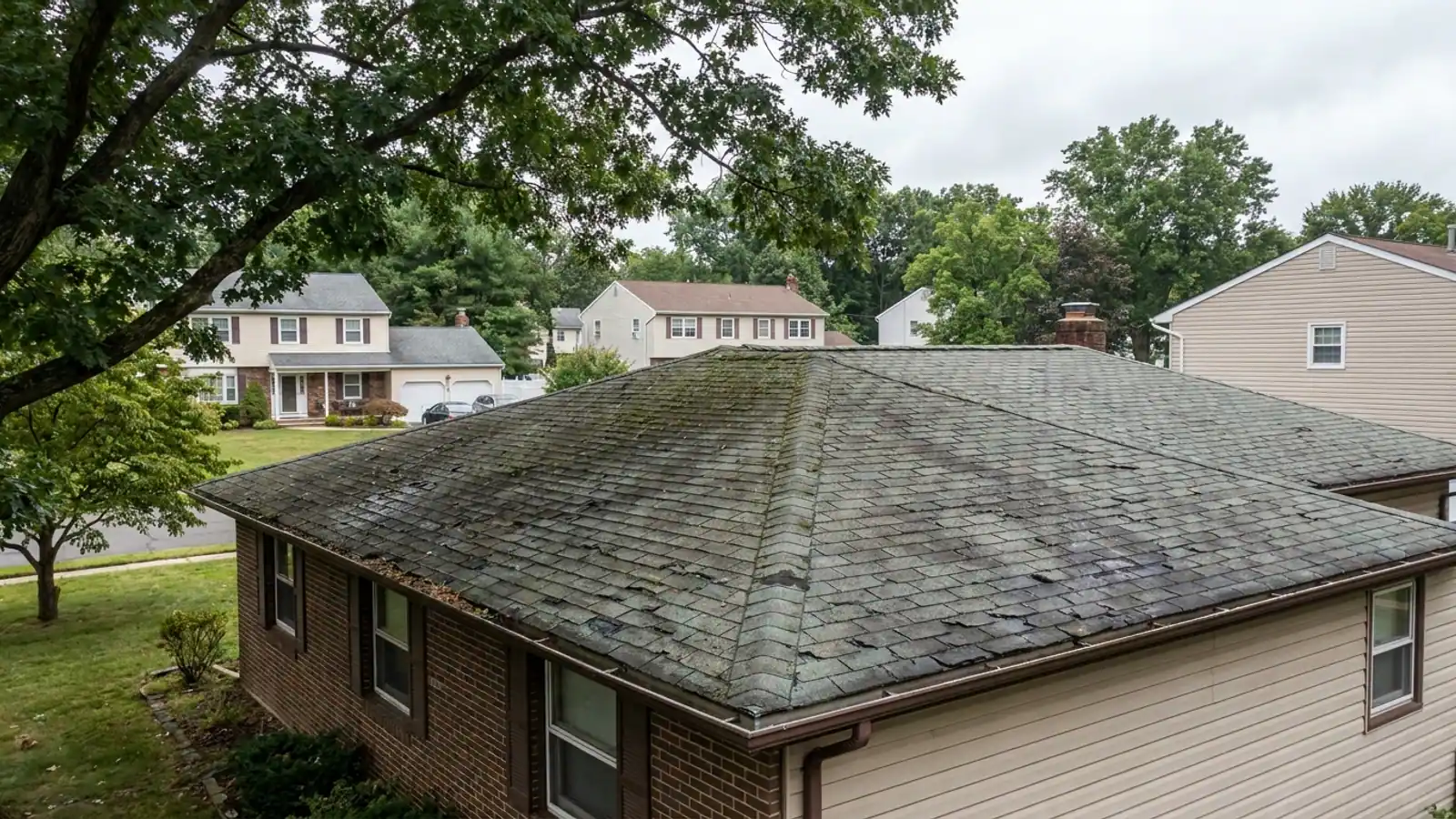 Aging asphalt shingle roof on a single-story ranch house seen from the front yard, curled and faded shingles along a worn ridge line, oak branches casting shade, overcast sky above