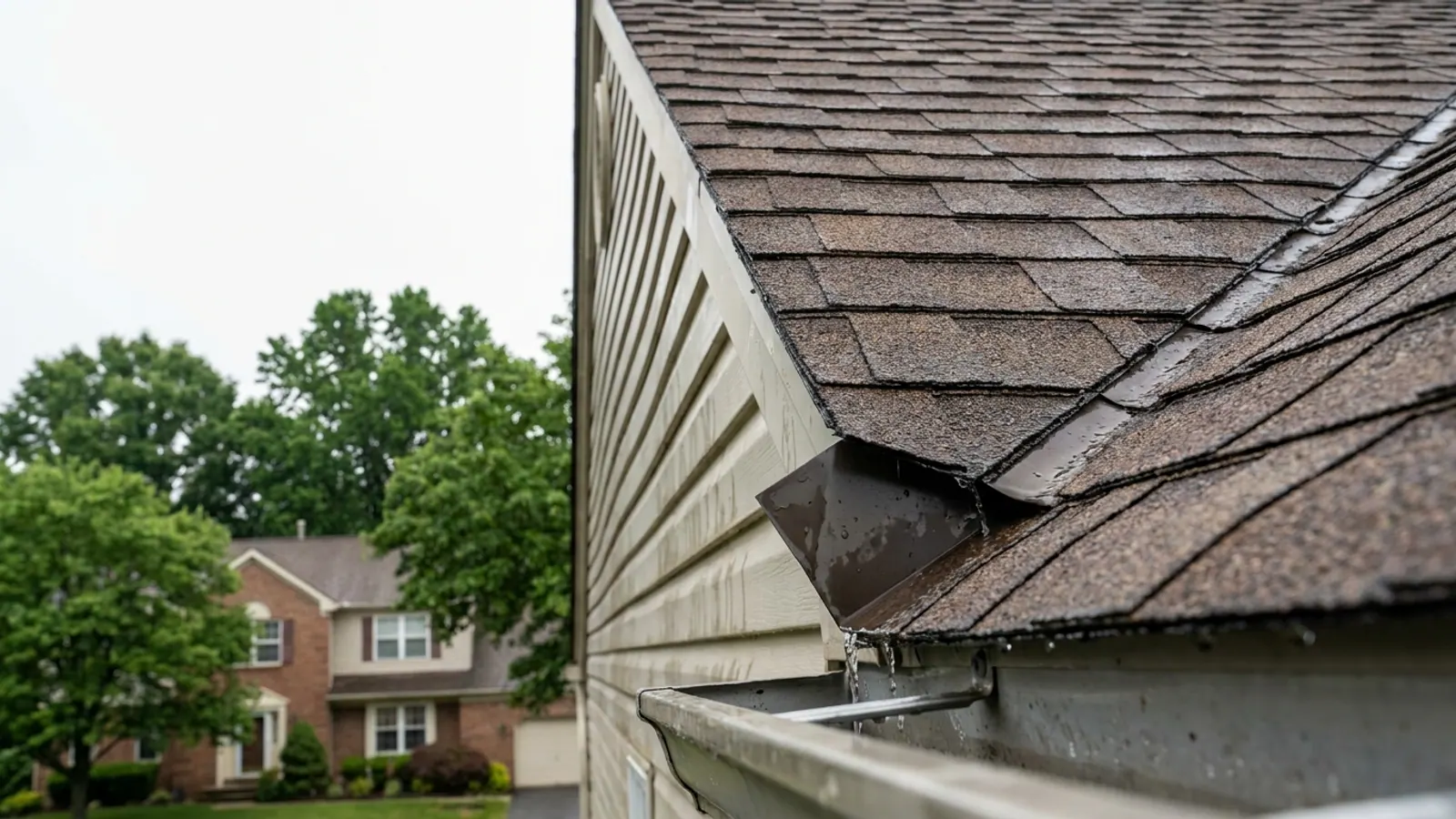 Close-up of a shingled roof edge meeting a vinyl-sided wall with a small bent metal flashing piece at the end of the step flashing directing water into the gutter below, damp siding after rain under overcast light