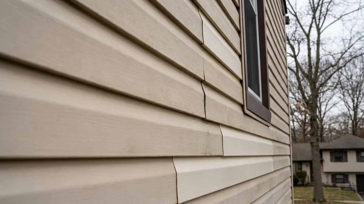 Close-up of a house wall where several replacement vinyl siding panels appear brighter than the surrounding sun-faded beige panels, with a cracked panel near a window trim corner
