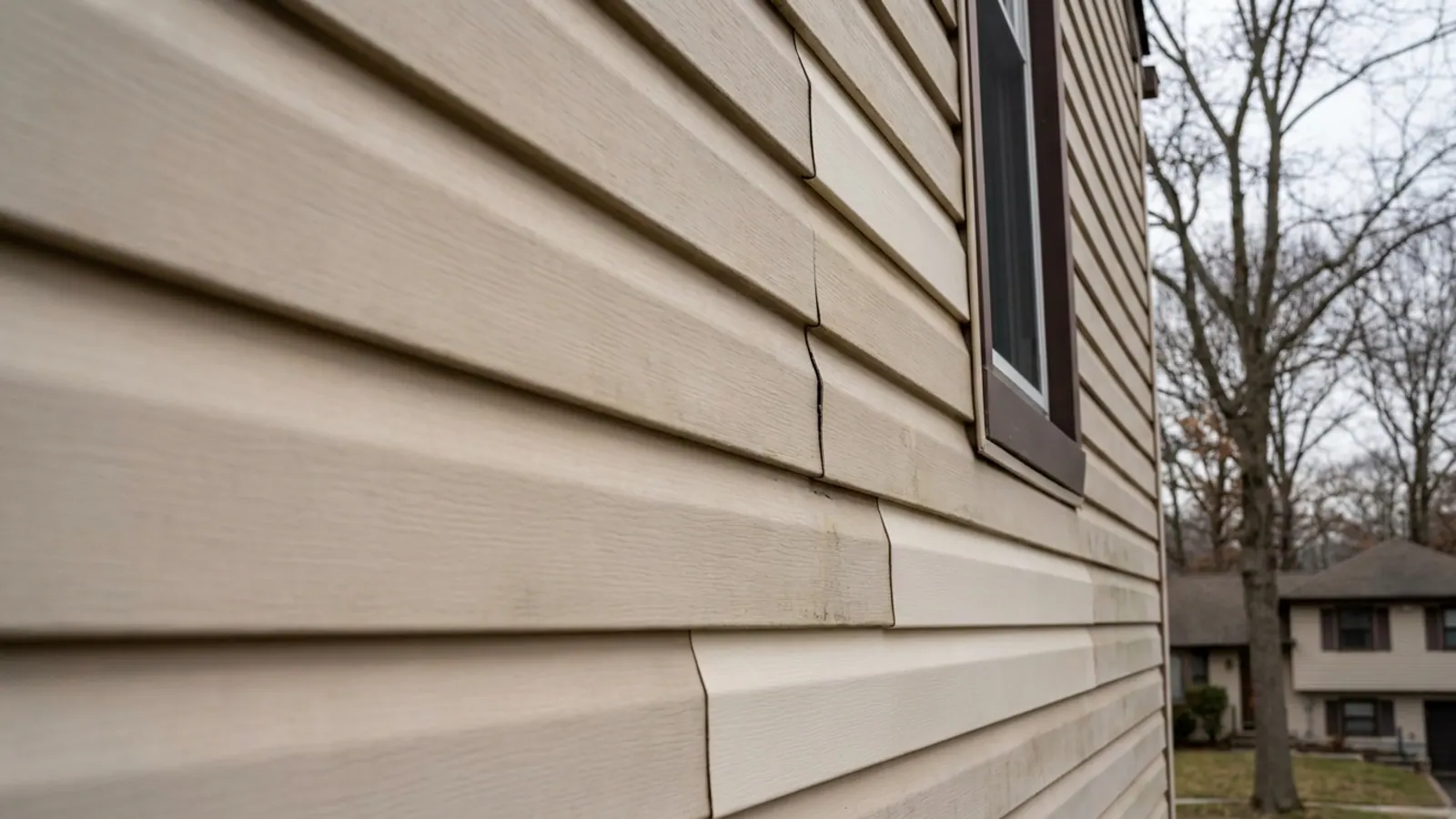 Close-up of a house wall where several replacement vinyl siding panels appear brighter than the surrounding sun-faded beige panels, with a cracked panel near a window trim corner
