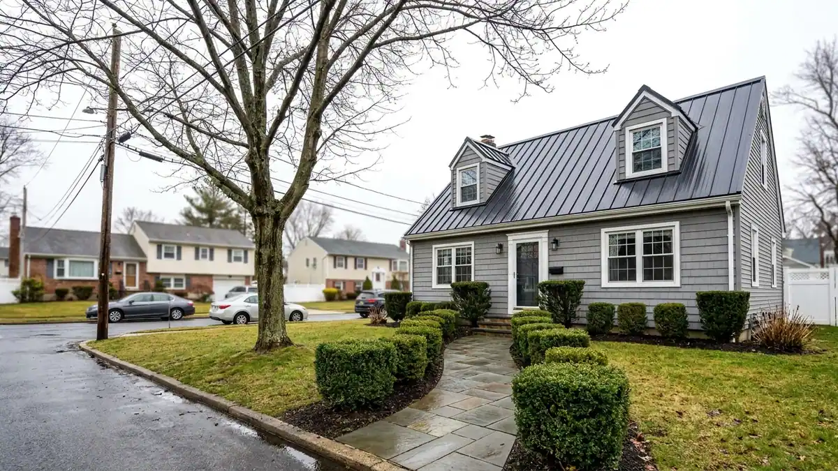 Cape Cod home with two front dormers and a dark gray standing seam metal roof, crisp vertical panel lines running down to the eave, trimmed hedges and a paved walk in front