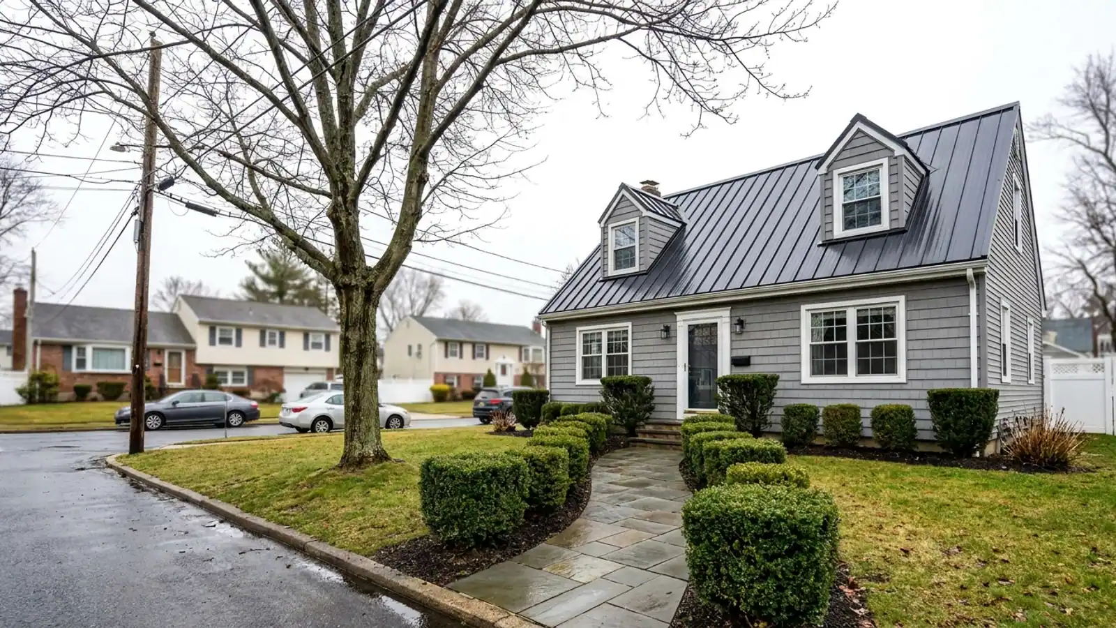 Cape Cod home with two front dormers and a dark gray standing seam metal roof, crisp vertical panel lines running down to the eave, trimmed hedges and a paved walk in front