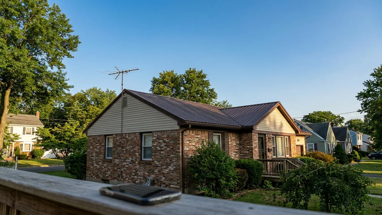 Single-story home with a dark standing-seam metal roof, a small TV antenna mounted near the gable end, and a smartphone resting on a porch rail in late-day light