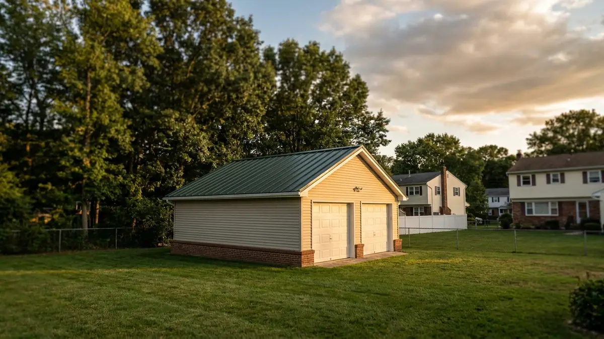 Detached two-car garage with a new dark green standing seam metal roof, mowed lawn in front and mature trees behind in late-day light
