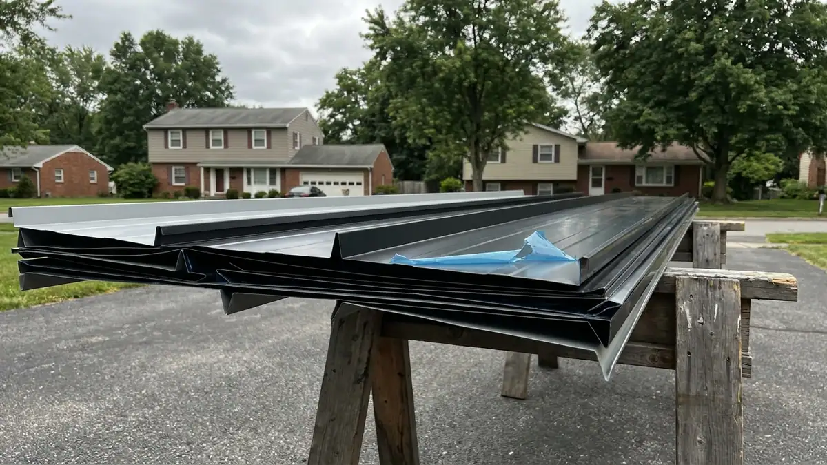 Stacked standing-seam metal roofing panels resting on sawhorses in a driveway, charcoal and silver panels side by side with crisp folded edges and protective film peeling at one corner