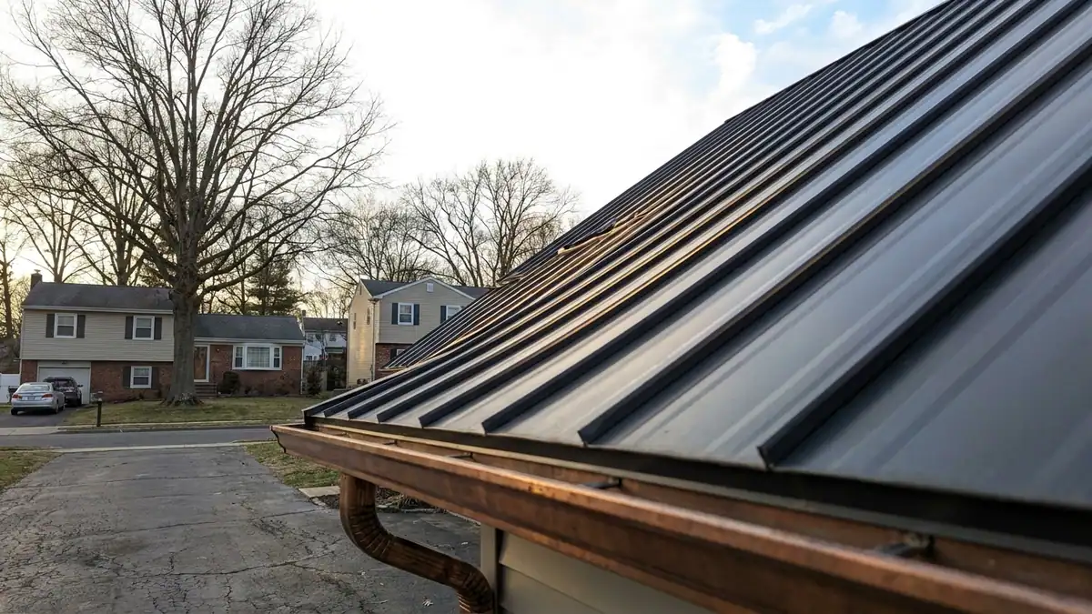 Charcoal gray standing-seam metal roof on a house, long vertical panel seams running from ridge to eave in low sunlight against open sky