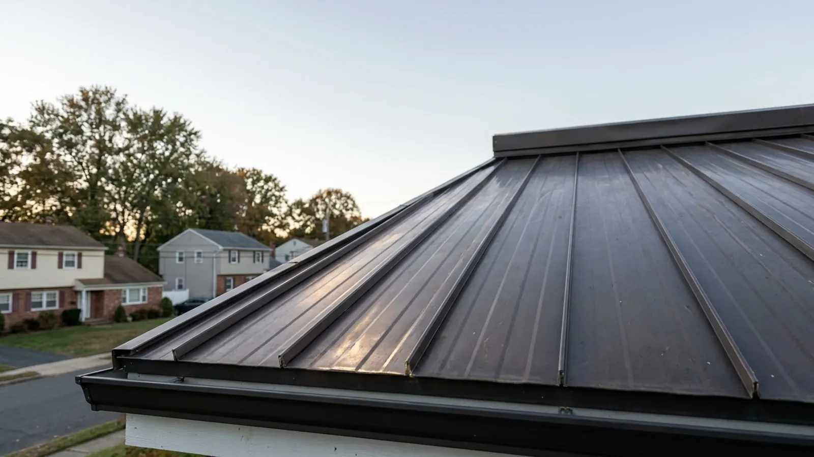 Close diagonal view of a dark bronze standing seam metal roof with crisp raised vertical seams running toward the ridge, eave trim and a sliver of white fascia along the bottom edge in low sunlight