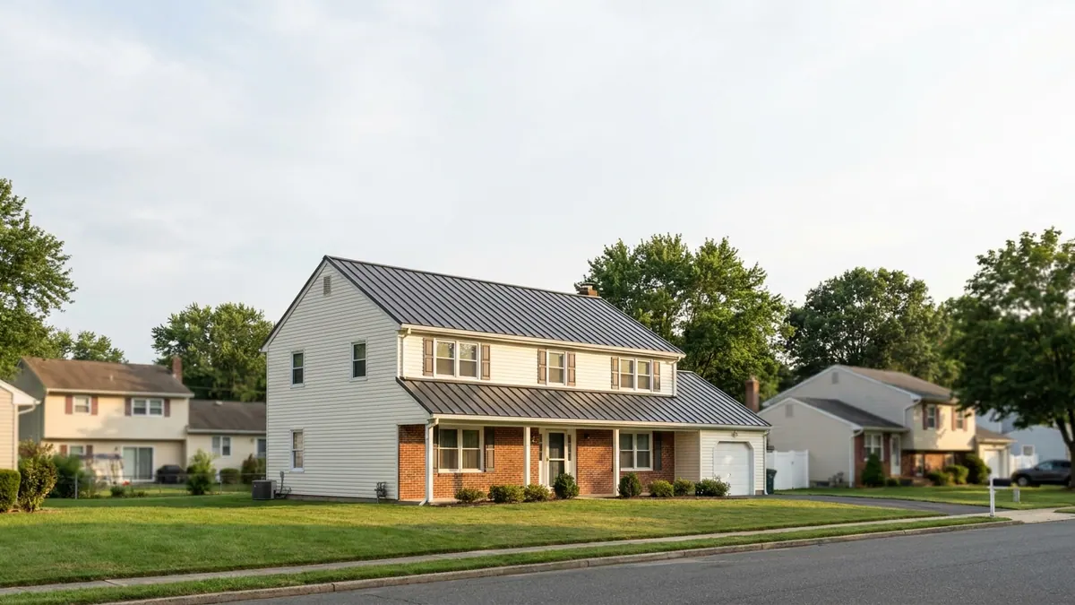Dark charcoal standing-seam metal roof on a two-story suburban house viewed from across the street, crisp vertical seam lines lit by afternoon sun above a trimmed front lawn