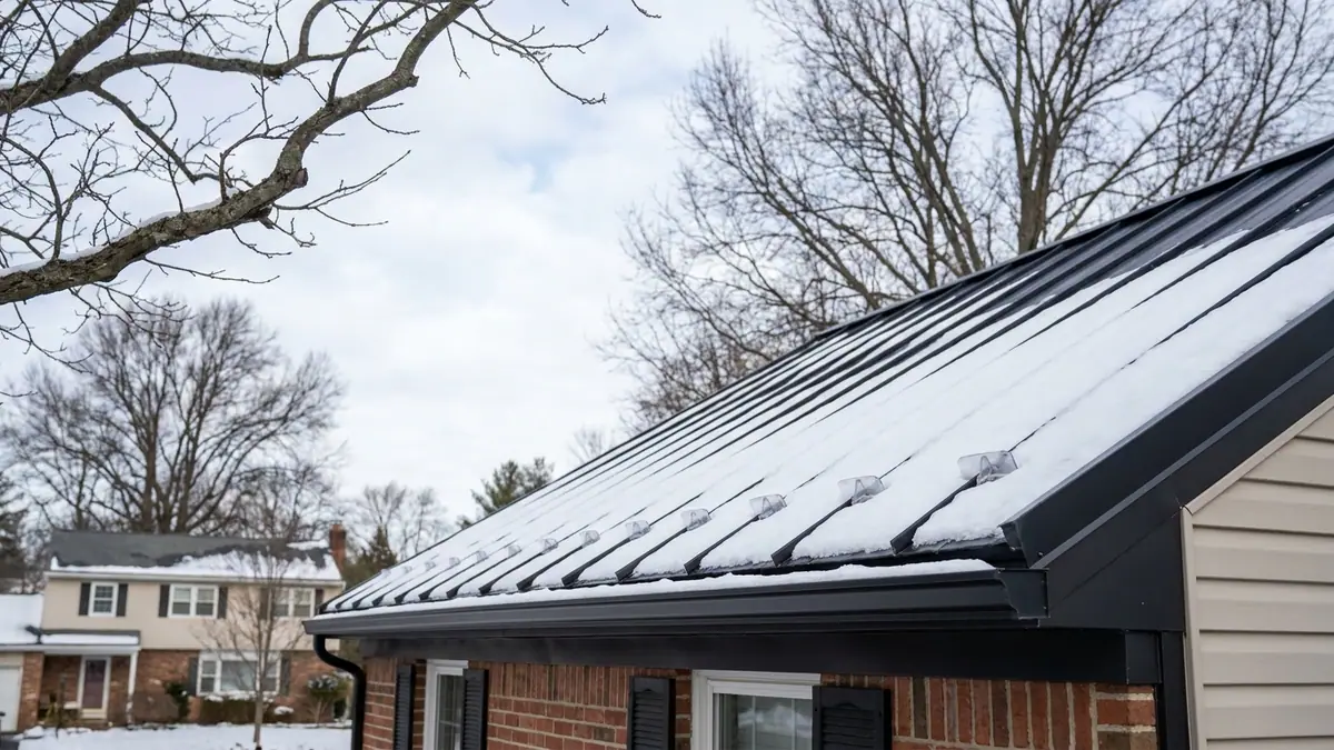 Dark standing-seam metal roof slope holding a few inches of snow with a row of small clear snow guards mounted between the seams above the eave, bare branches and winter sky behind