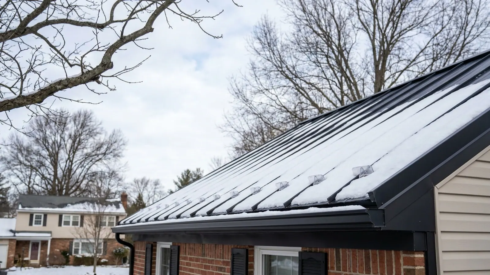 Dark standing-seam metal roof slope holding a few inches of snow with a row of small clear snow guards mounted between the seams above the eave, bare branches and winter sky behind