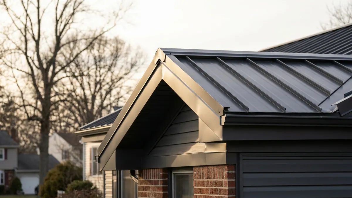 Close-up of a charcoal standing seam metal roof edge in low sunlight showing folded rake trim, eave trim and a sealed ridge cap against a clear sky
