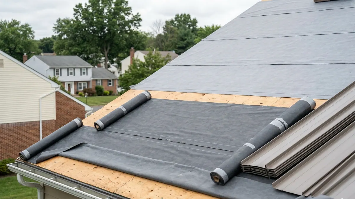 Roof deck partially covered with gray synthetic underlayment rolled out and capped off, bundles of standing-seam metal panels staged along the eave under overcast daylight