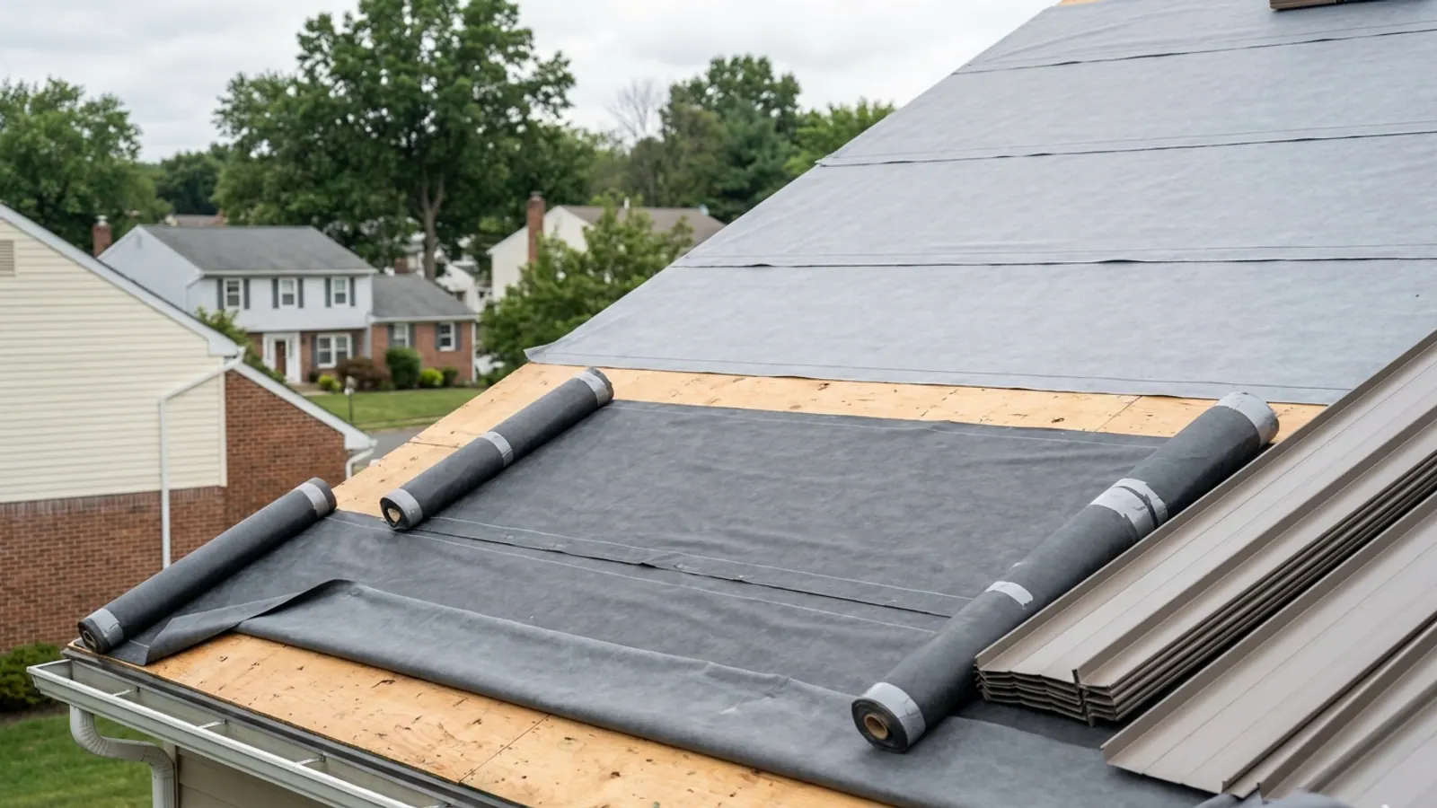 Roof deck partially covered with gray synthetic underlayment rolled out and capped off, bundles of standing-seam metal panels staged along the eave under overcast daylight