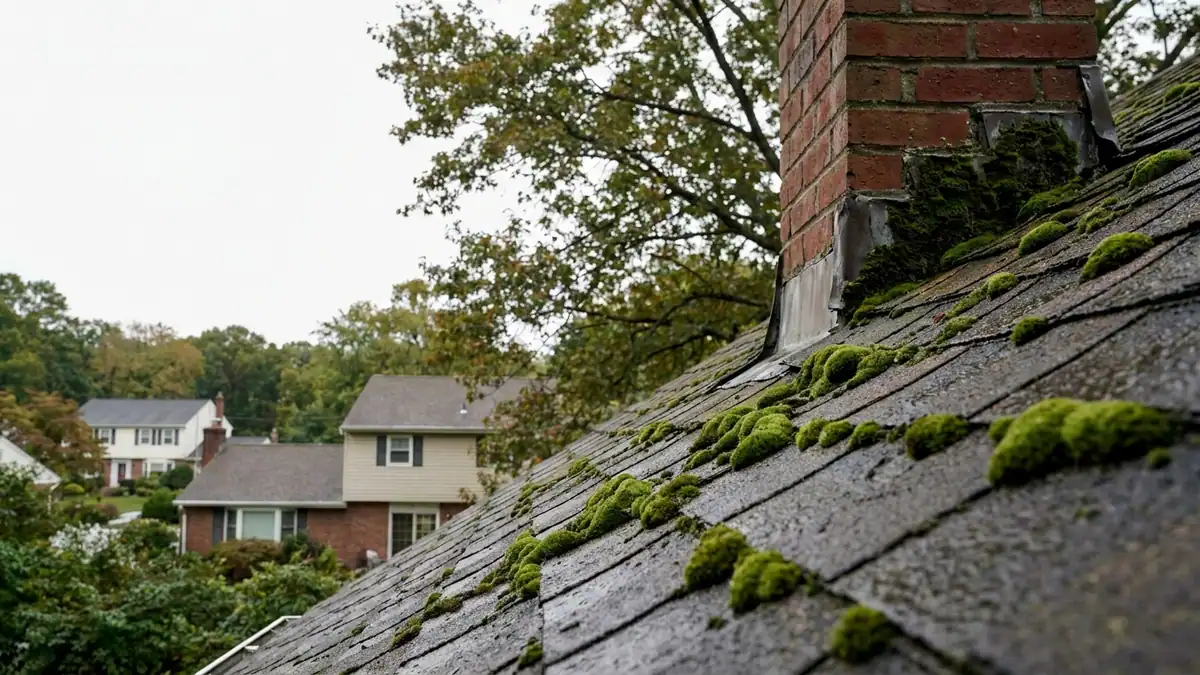 Close-up of a shaded asphalt shingle roof slope in overcast light with thick green moss clumps along shingle edges and in the seams beside a brick chimney