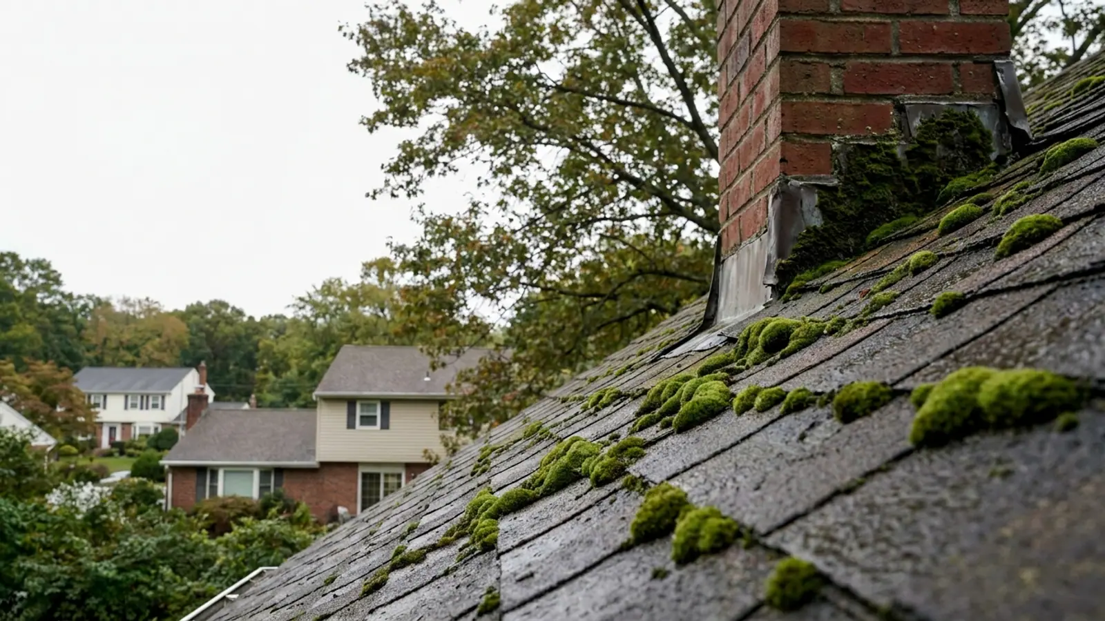 Close-up of a shaded asphalt shingle roof slope in overcast light with thick green moss clumps along shingle edges and in the seams beside a brick chimney