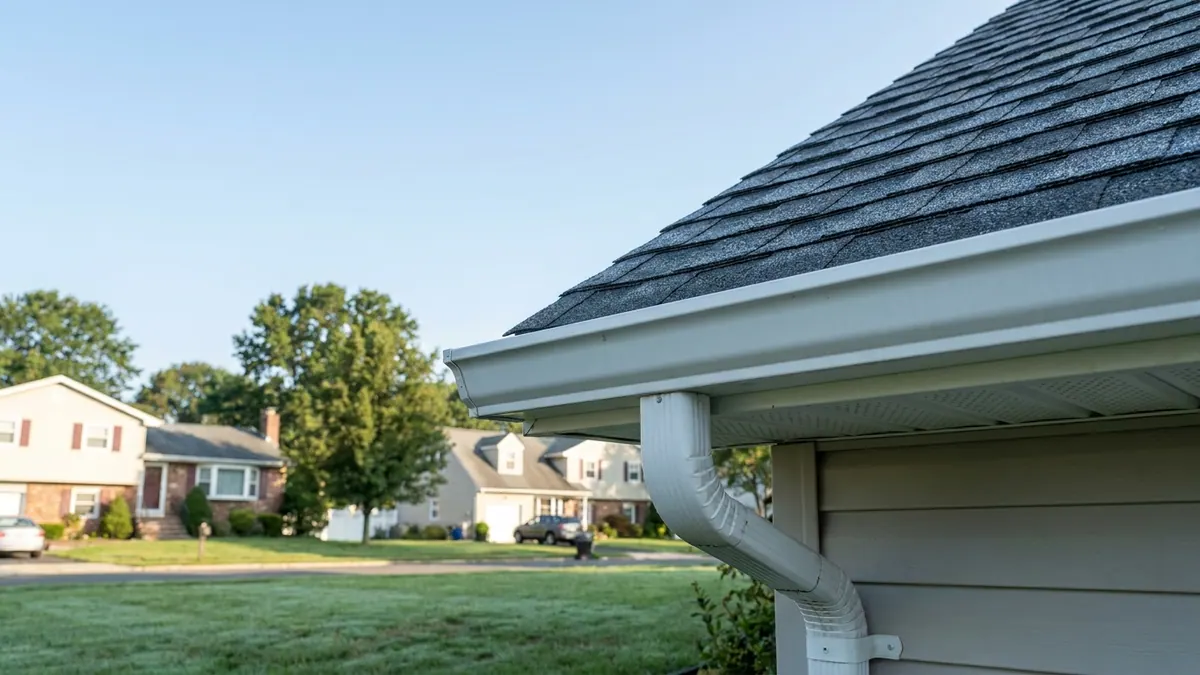 White aluminum gutter and downspout along the eave of a two-story home below fresh dark architectural shingles in morning light