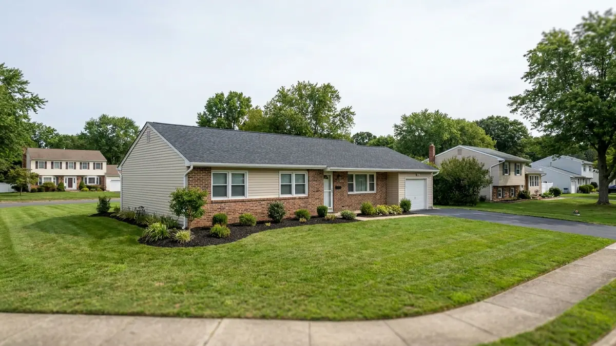 Single-story New Jersey home with a newer charcoal asphalt shingle roof, trimmed lawn and empty driveway under clear late-morning light
