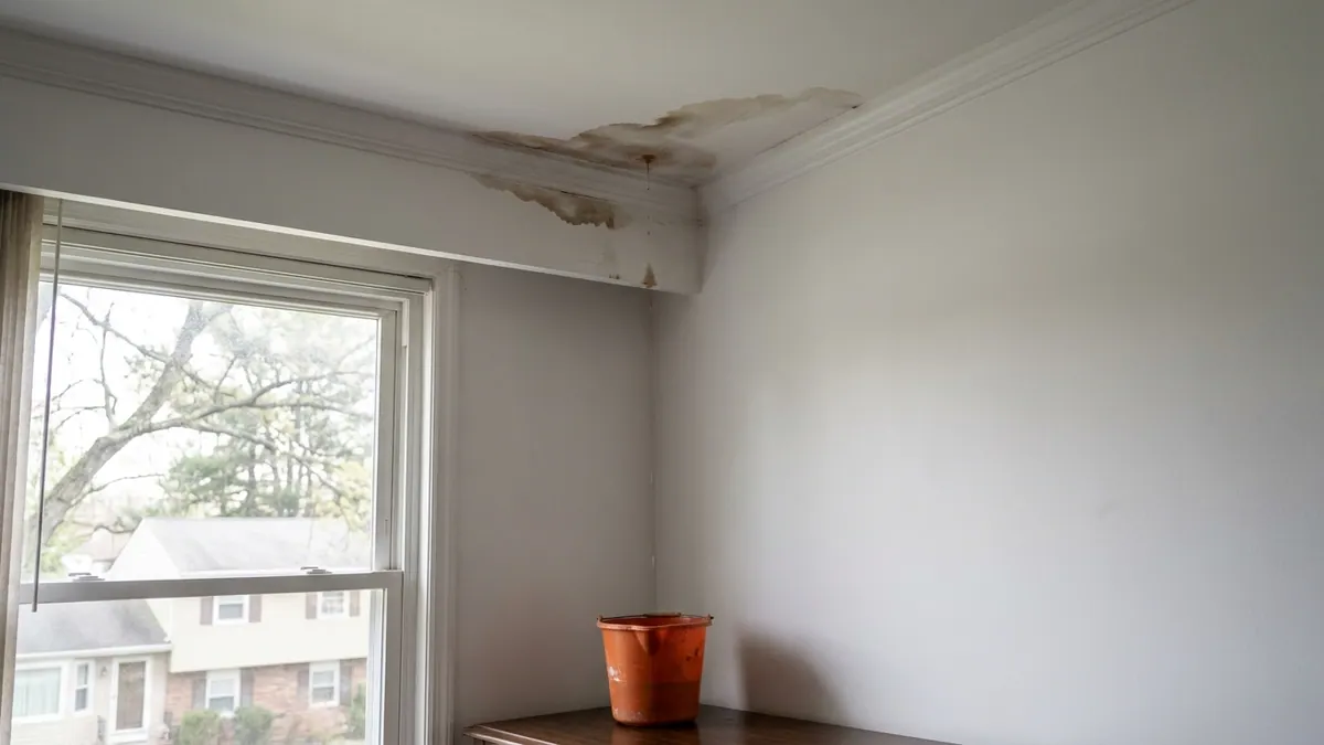 Interior bedroom ceiling corner with a brown water stain spreading across white paint and a small plastic bucket on the hardwood floor below catching a drip