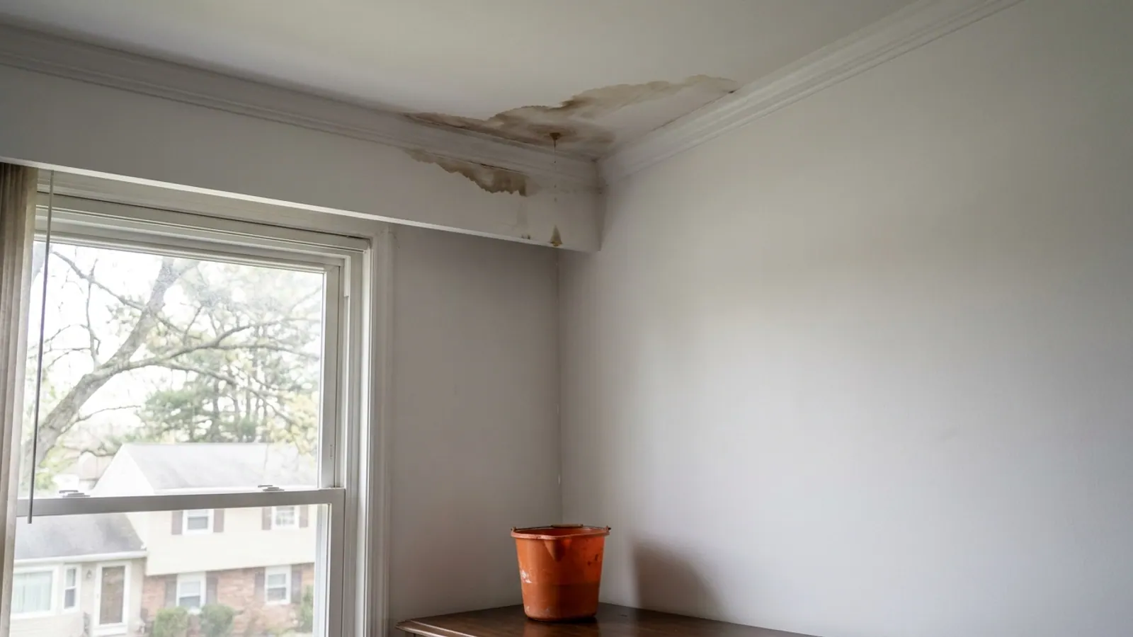 Interior bedroom ceiling corner with a brown water stain spreading across white paint and a small plastic bucket on the hardwood floor below catching a drip
