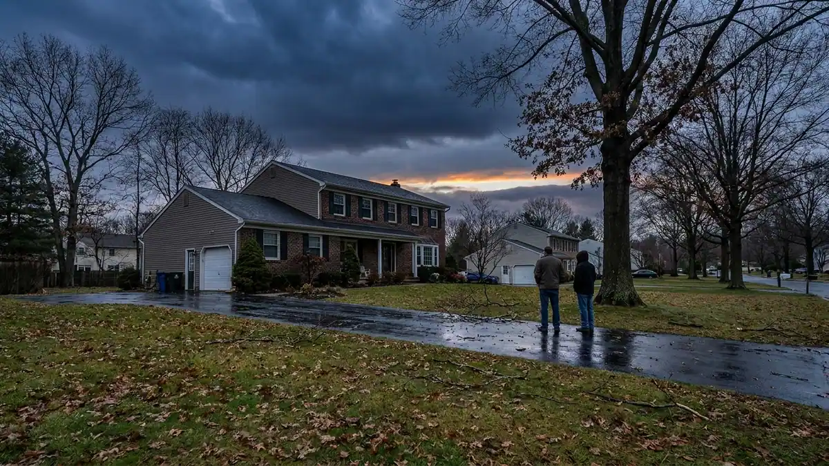 Two-story suburban house seen from across a wet front lawn under a dark sky with a break of light low on the horizon