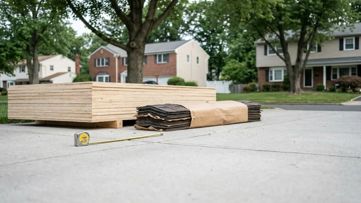 Stack of new plywood sheathing sheets on a concrete driveway beside a bundle of architectural shingles and a tape measure in early morning light