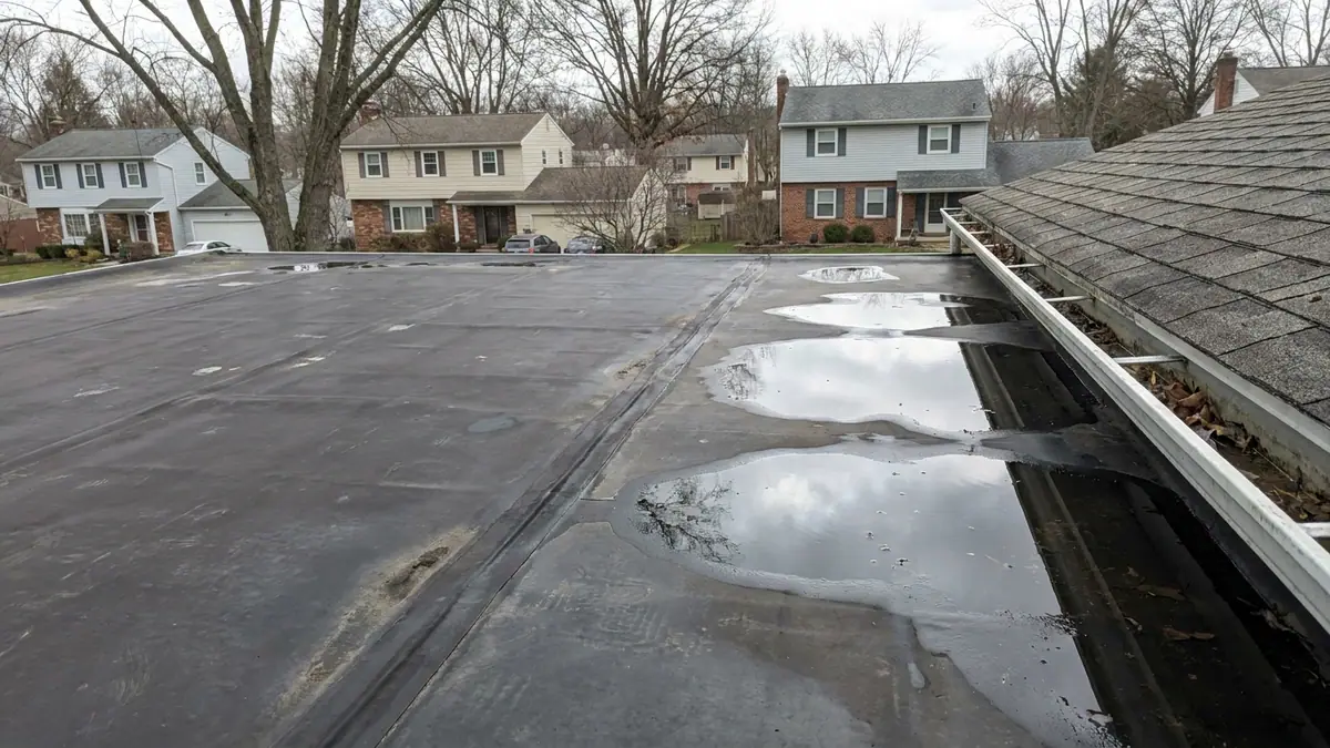 View looking down from a second-story window onto a flat low-slope porch roof with a dark rubber membrane, a seam running across it, ponded water reflecting the sky, an adjoining shingled slope and a white gutter at the edge in bright overcast light