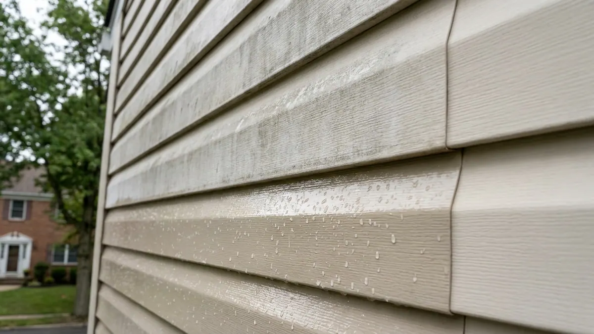 Close-up of beige vinyl siding in daylight with the lower panels freshly rinsed and beaded with water and the upper panels dull and streaked with gray film