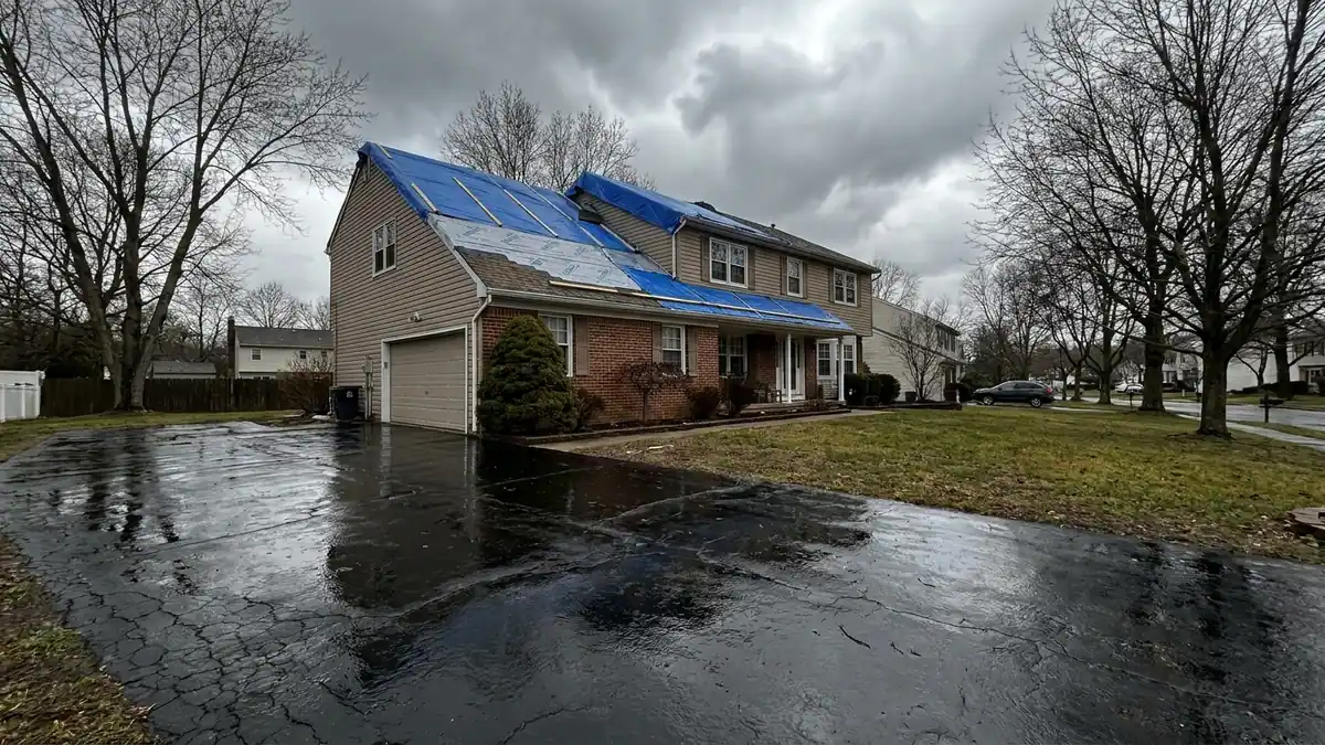 Suburban house from the driveway with a partially shingled roof covered by taut tarps and synthetic underlayment under dark rain clouds