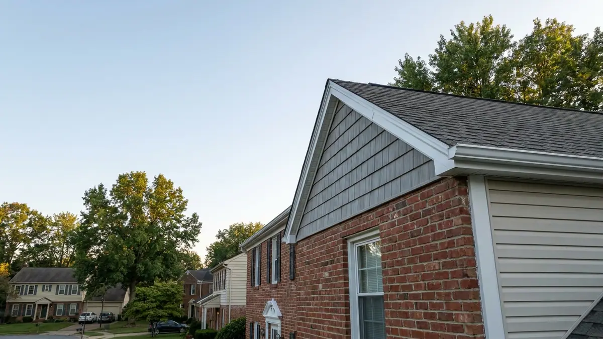 Angled view of a gable end showing the sloped roof edge, white aluminum rake trim and the last course of architectural shingles in late-day light