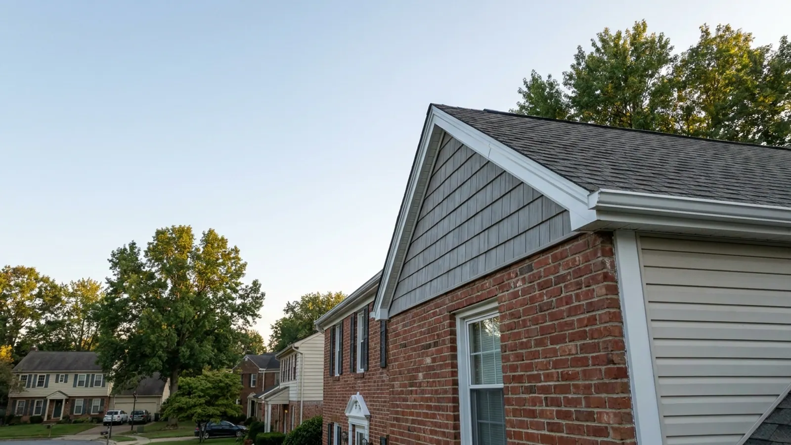 Angled view of a gable end showing the sloped roof edge, white aluminum rake trim and the last course of architectural shingles in late-day light