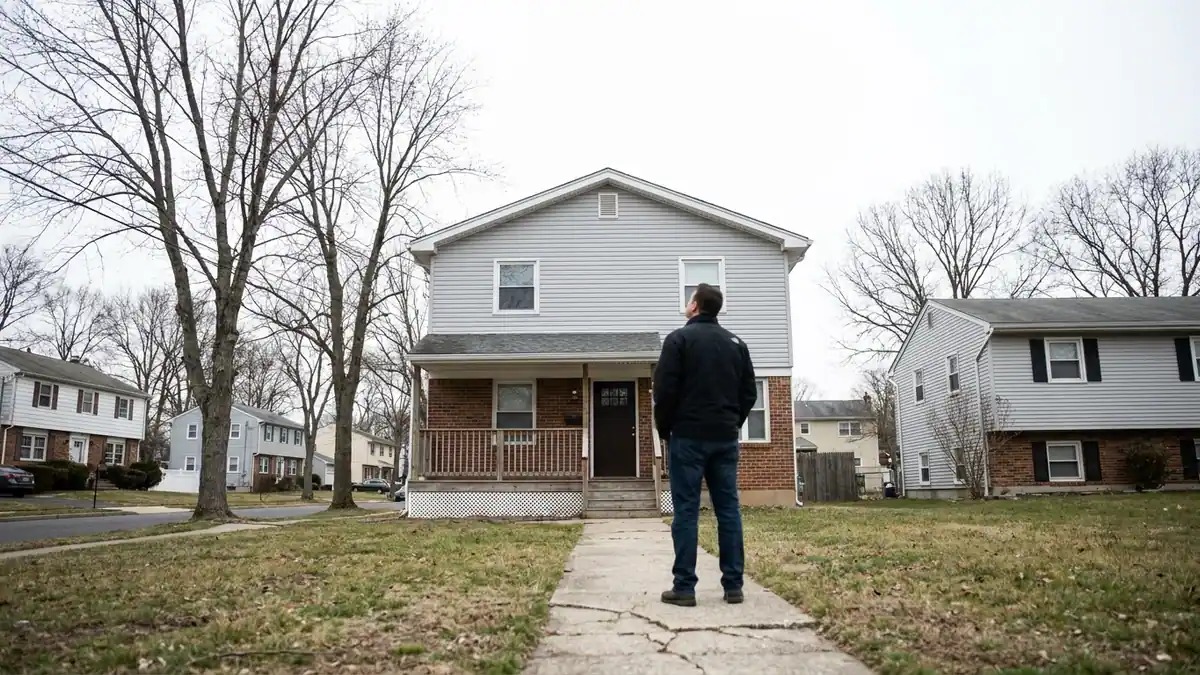Homeowner standing on a front walk looking up at the front of a two-story suburban house on an overcast afternoon