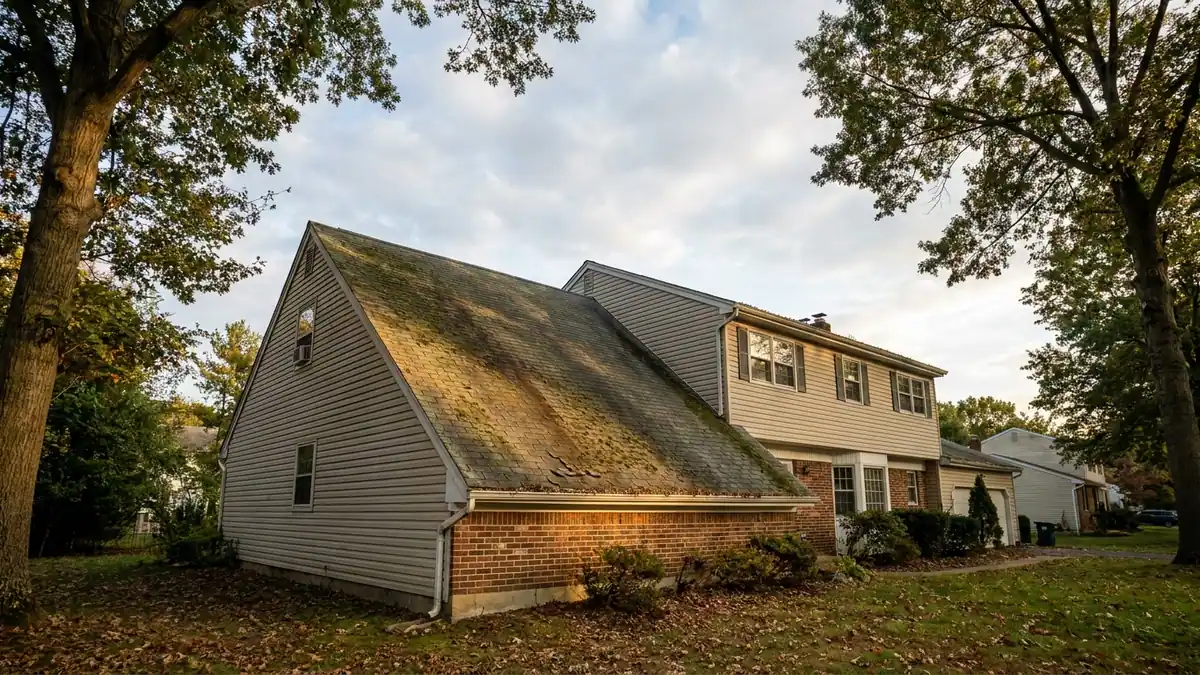 Two-story home seen from the side in late afternoon light with one worn asphalt shingle roof slope facing the camera and the ridge line dividing it from the opposite side, mature trees at the edge of frame