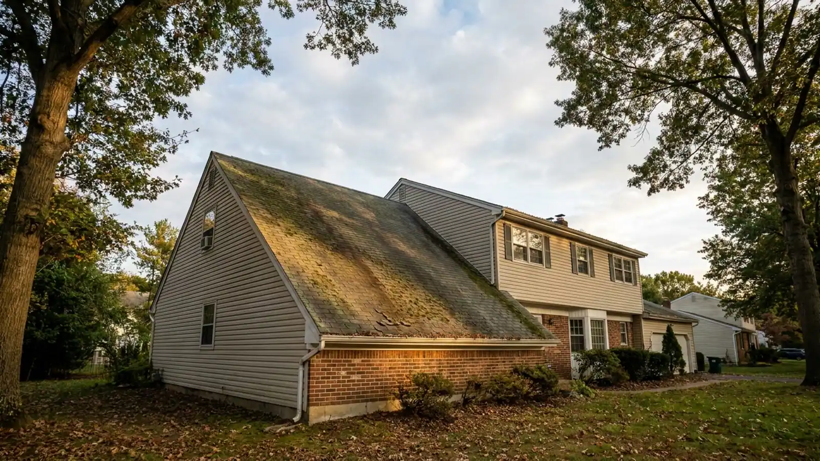 Two-story home seen from the side in late afternoon light with one worn asphalt shingle roof slope facing the camera and the ridge line dividing it from the opposite side, mature trees at the edge of frame