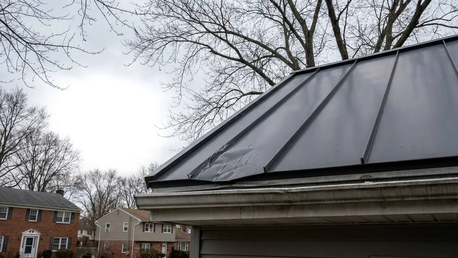 Dark gray standing-seam metal roof on a house with one dented and scuffed panel near the eave beside smooth panels, gutter and fascia below, bare branches overhead under overcast light