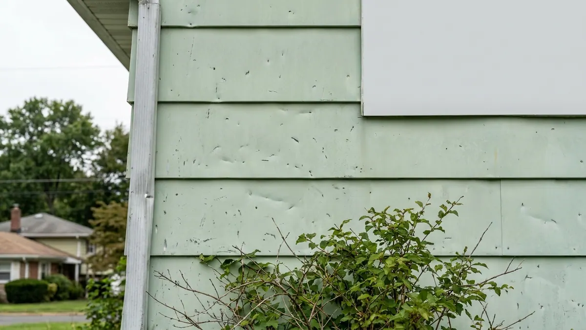 Close view of dented pale-green aluminum siding with a chalky oxidized surface and a bent aluminum corner post on an older single-story home under overcast light