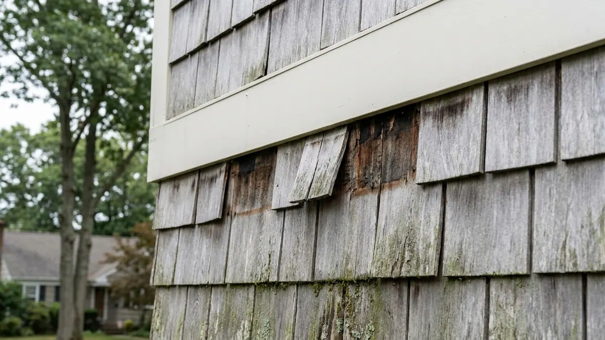 Weathered gray cedar shake siding with split, cupped and missing shakes and moss along the lower courses, with a plain painted trim board running across the frame in flat overcast light