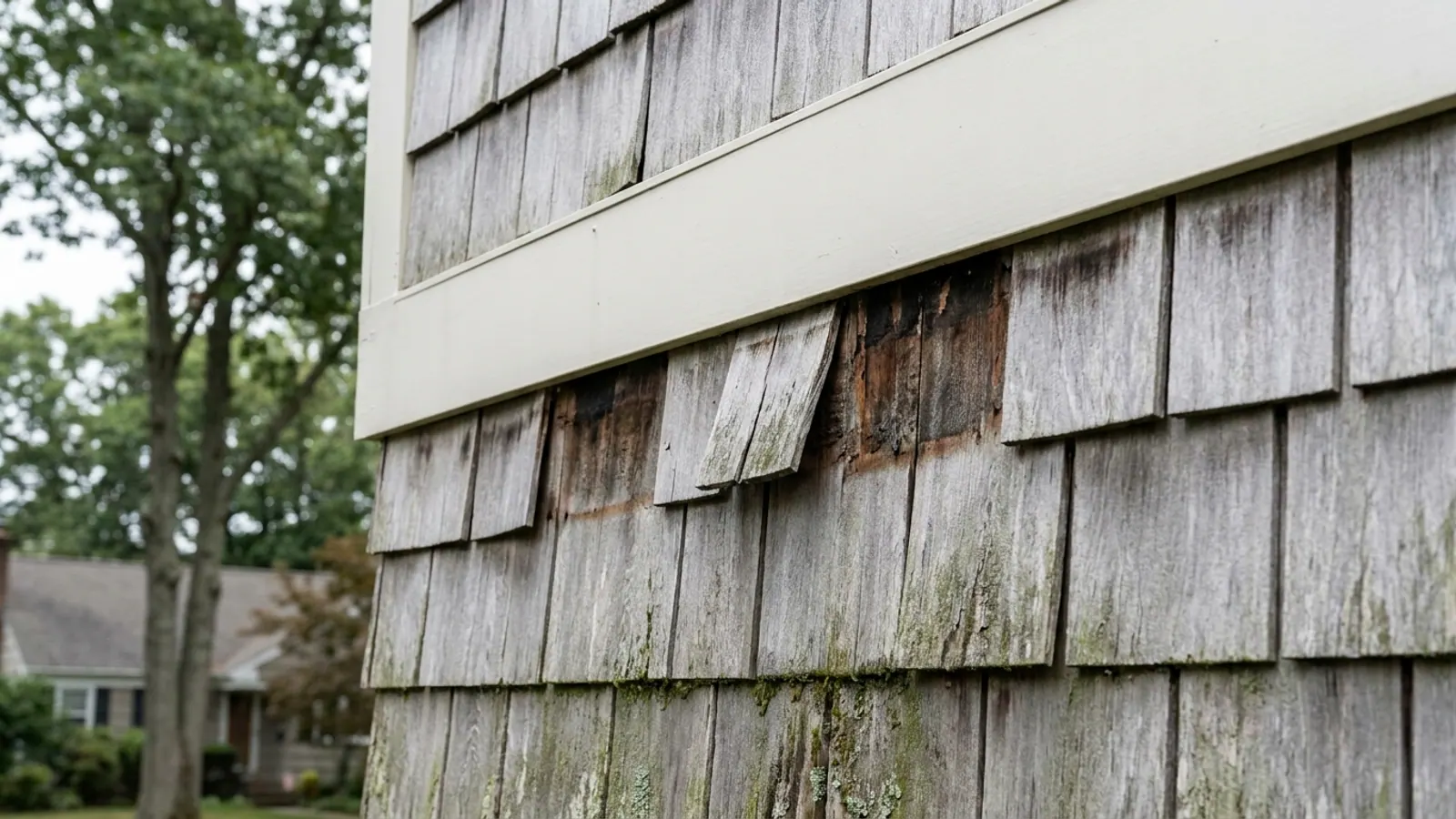 Weathered gray cedar shake siding with split, cupped and missing shakes and moss along the lower courses, with a plain painted trim board running across the frame in flat overcast light