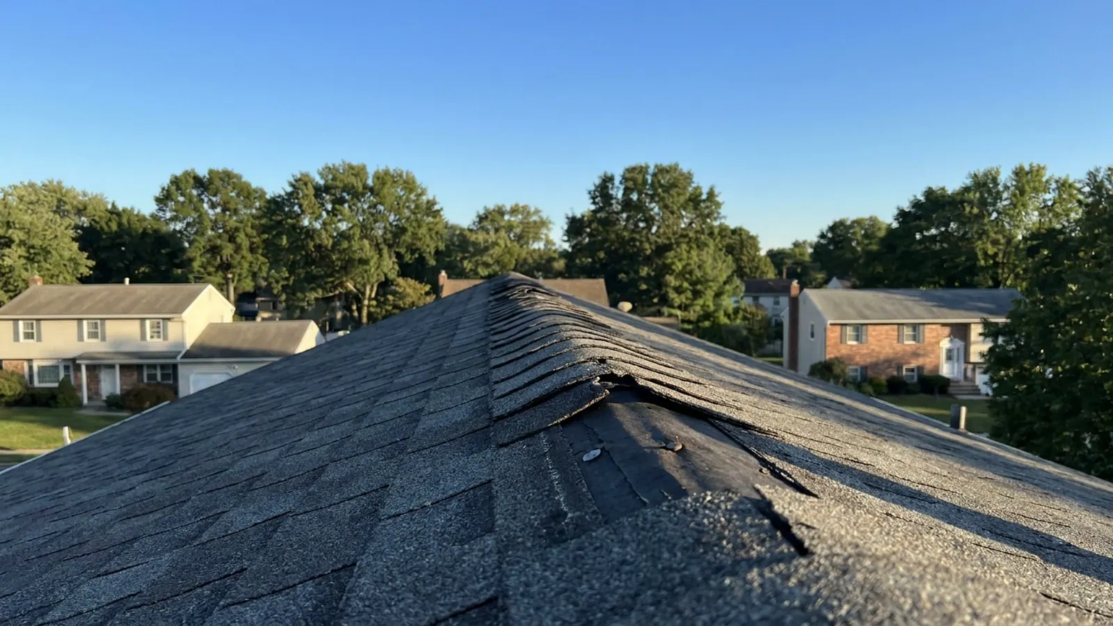 Close view along the peak of an asphalt shingle roof with curled and cracked ridge cap shingles and one cap missing, exposing the seam underneath, in late afternoon side light