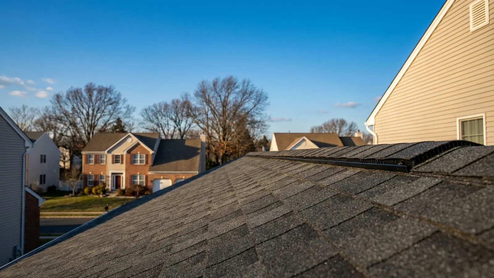 Newly shingled asphalt roof peak with a continuous ridge vent cap running the length of the ridge against a clear blue sky