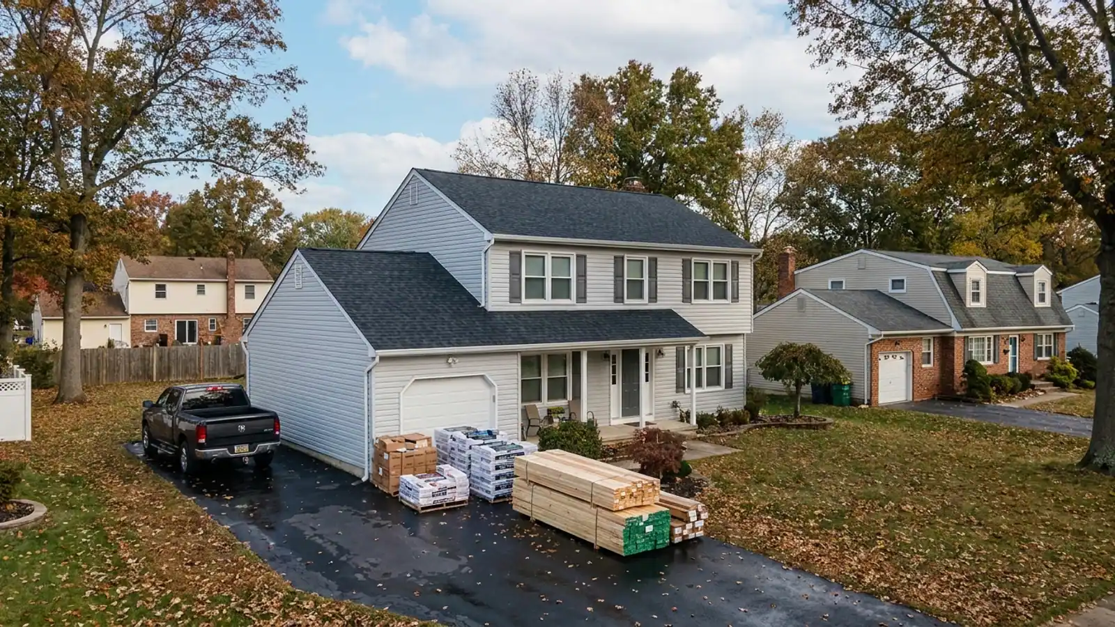 Two-story home with new dark architectural shingle roof and light gray horizontal siding, with siding and shingle materials stacked neatly on the driveway in morning light