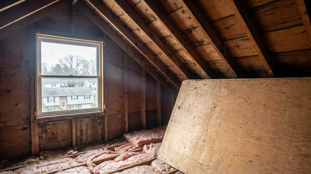 Unfinished attic interior with exposed rafters and bare roof sheathing, pink batt insulation between the floor joists, and daylight from a gable window catching dust in the air