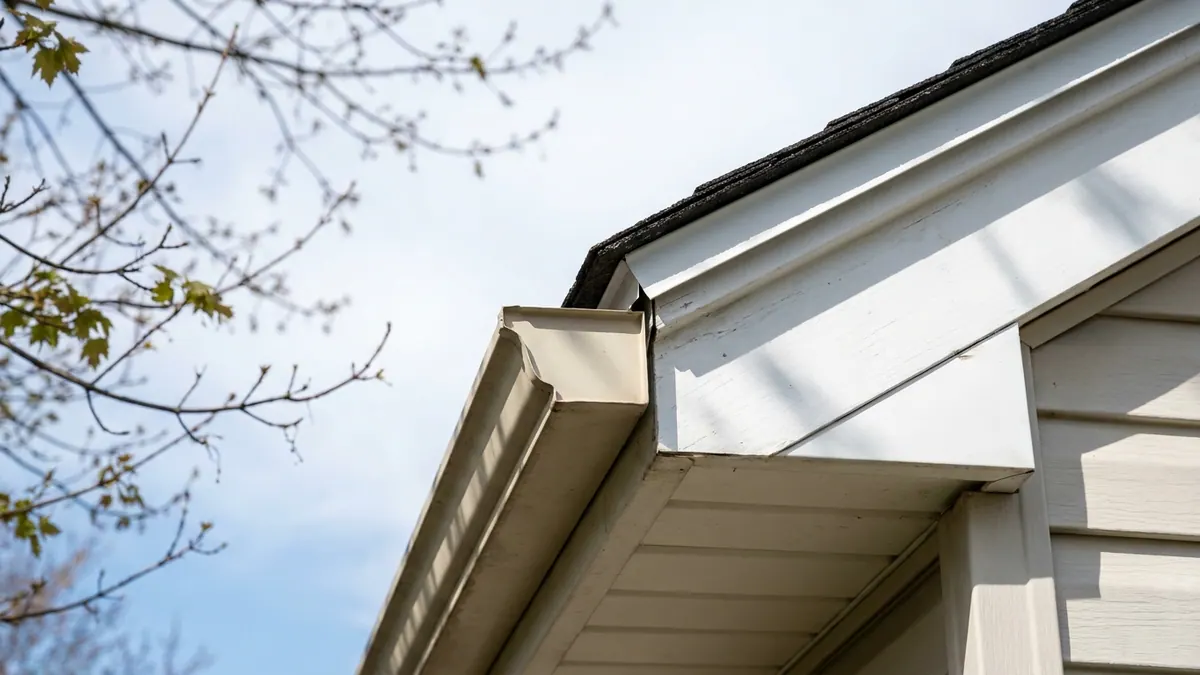 Close view from below of a roof eave with white metal drip edge tucked over the fascia board and behind the gutter, shingle edge above against a clear sky