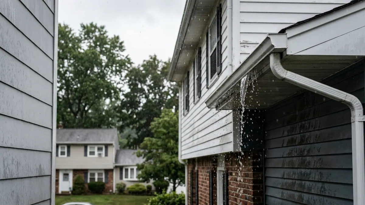 Rainwater sheeting over the front lip of a white gutter and running down the fascia and siding during steady gray daylight rain, with dark wet streaks on the wall below