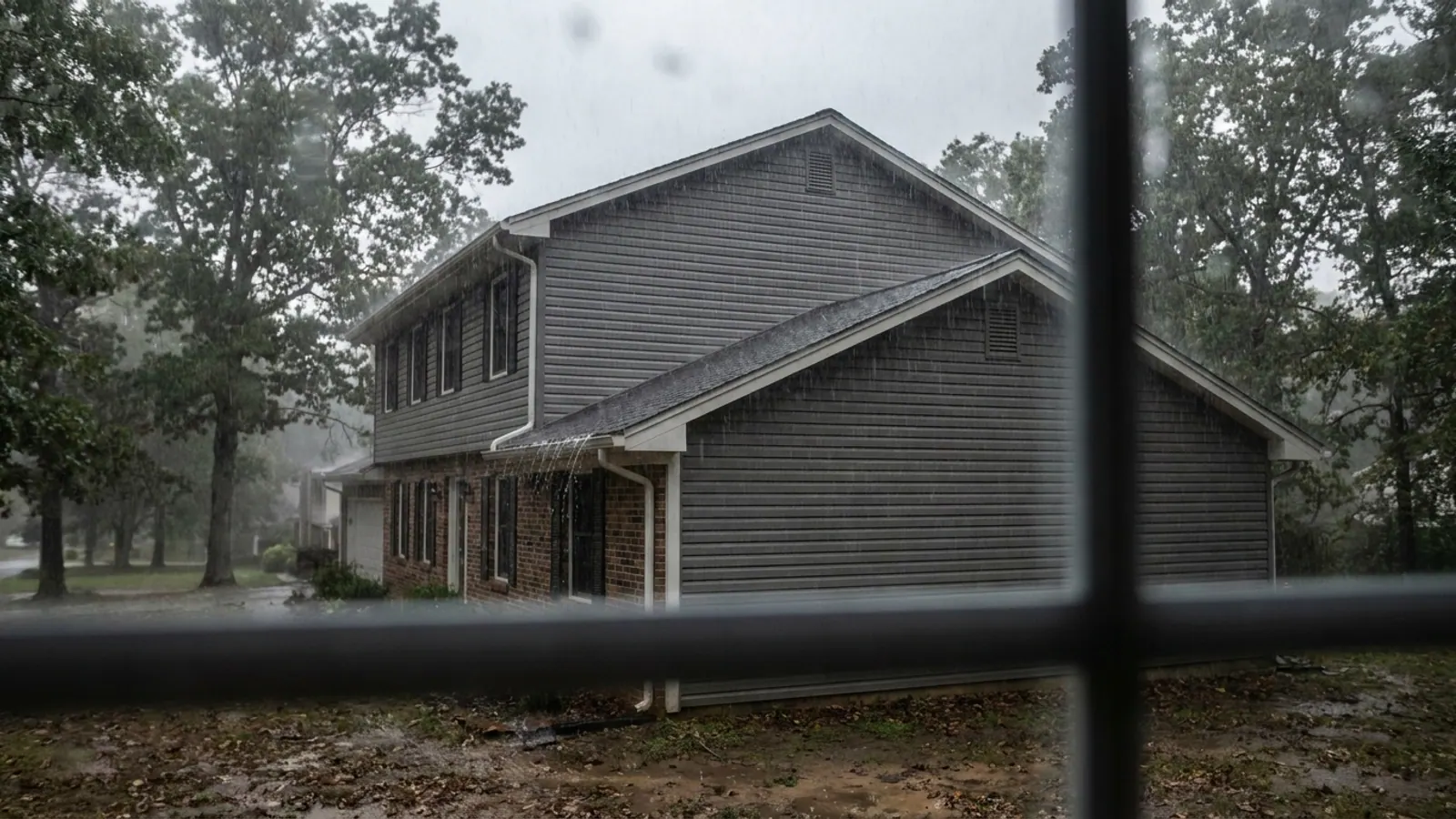 Gable end of a house during a heavy rainstorm with rain streaking sideways across the siding and water sheeting off the eave under a dark gray sky